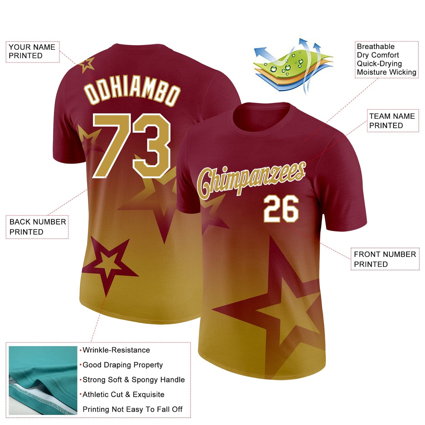 Custom Crimson Old Gold-White 3D Pattern Design Gradient Style Twinkle Star Performance T-Shirt view 2