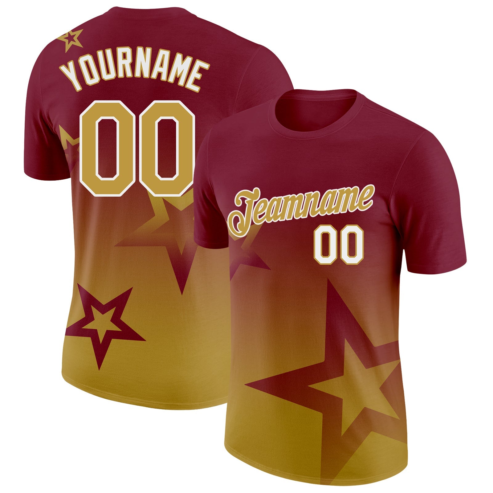 Custom Crimson Old Gold-White 3D Pattern Design Gradient Style Twinkle Star Performance T-Shirt - Main View