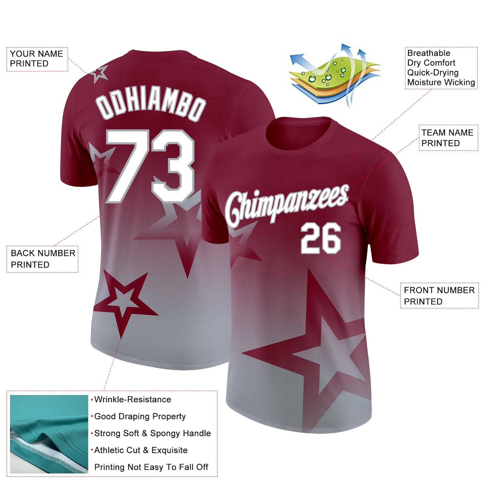 Custom Crimson White-Gray 3D Pattern Design Gradient Style Twinkle Star Performance T-Shirt view 2