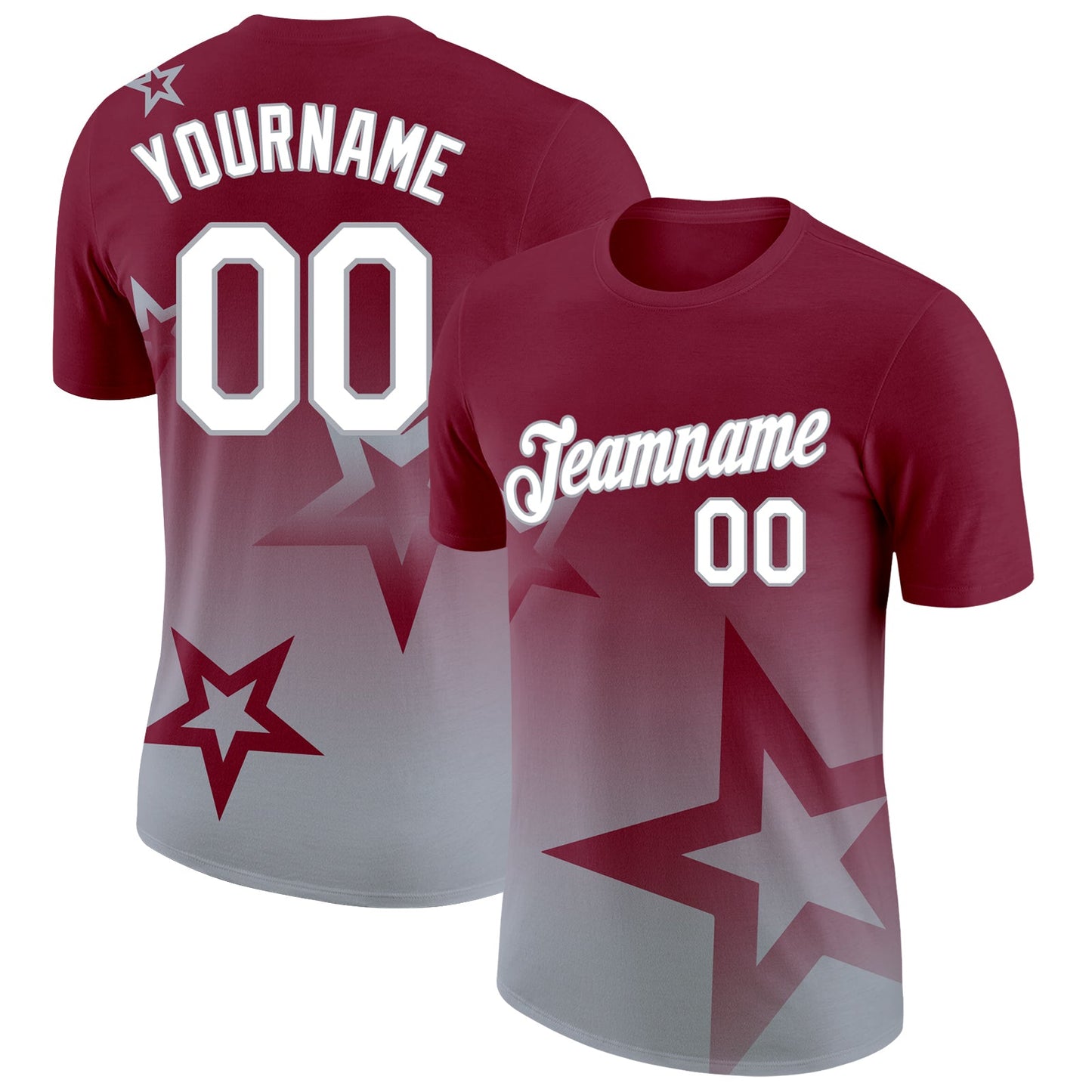 Custom Crimson White-Gray 3D Pattern Design Gradient Style Twinkle Star Performance T-Shirt - Main View