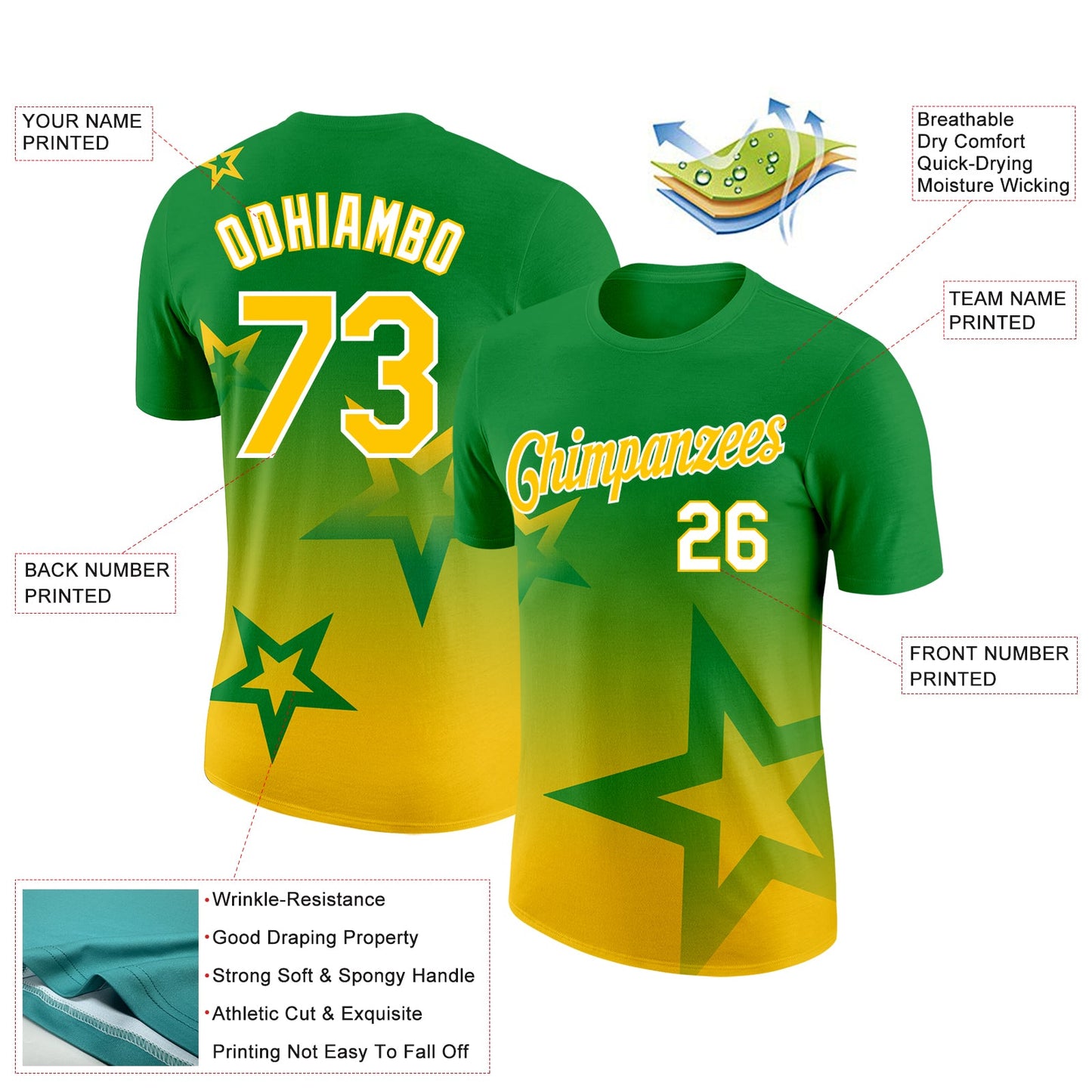 Custom Grass Green Yellow-White 3D Pattern Design Gradient Style Twinkle Star Performance T-Shirt view 2