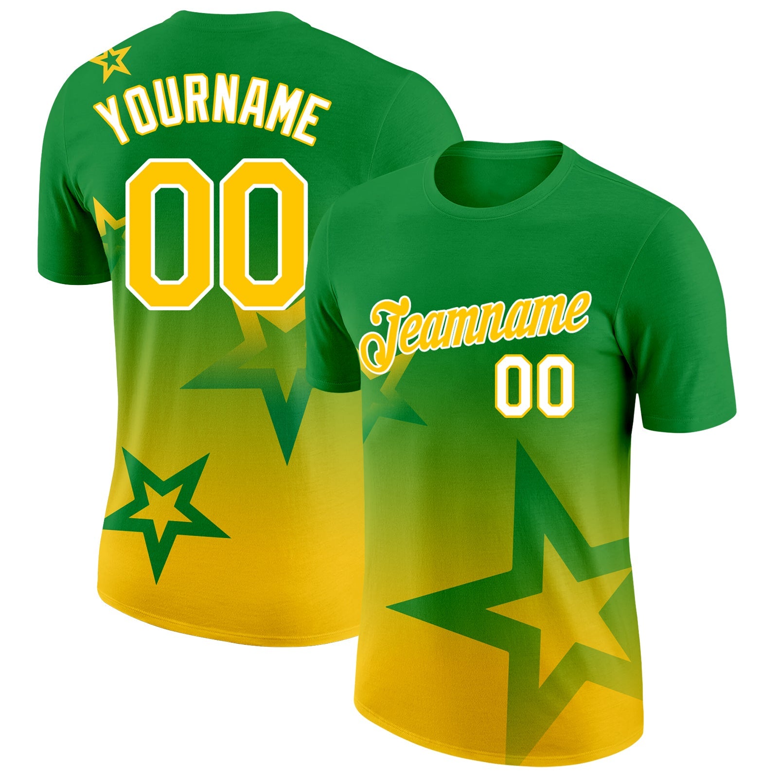 Custom Grass Green Yellow-White 3D Pattern Design Gradient Style Twinkle Star Performance T-Shirt - Main View