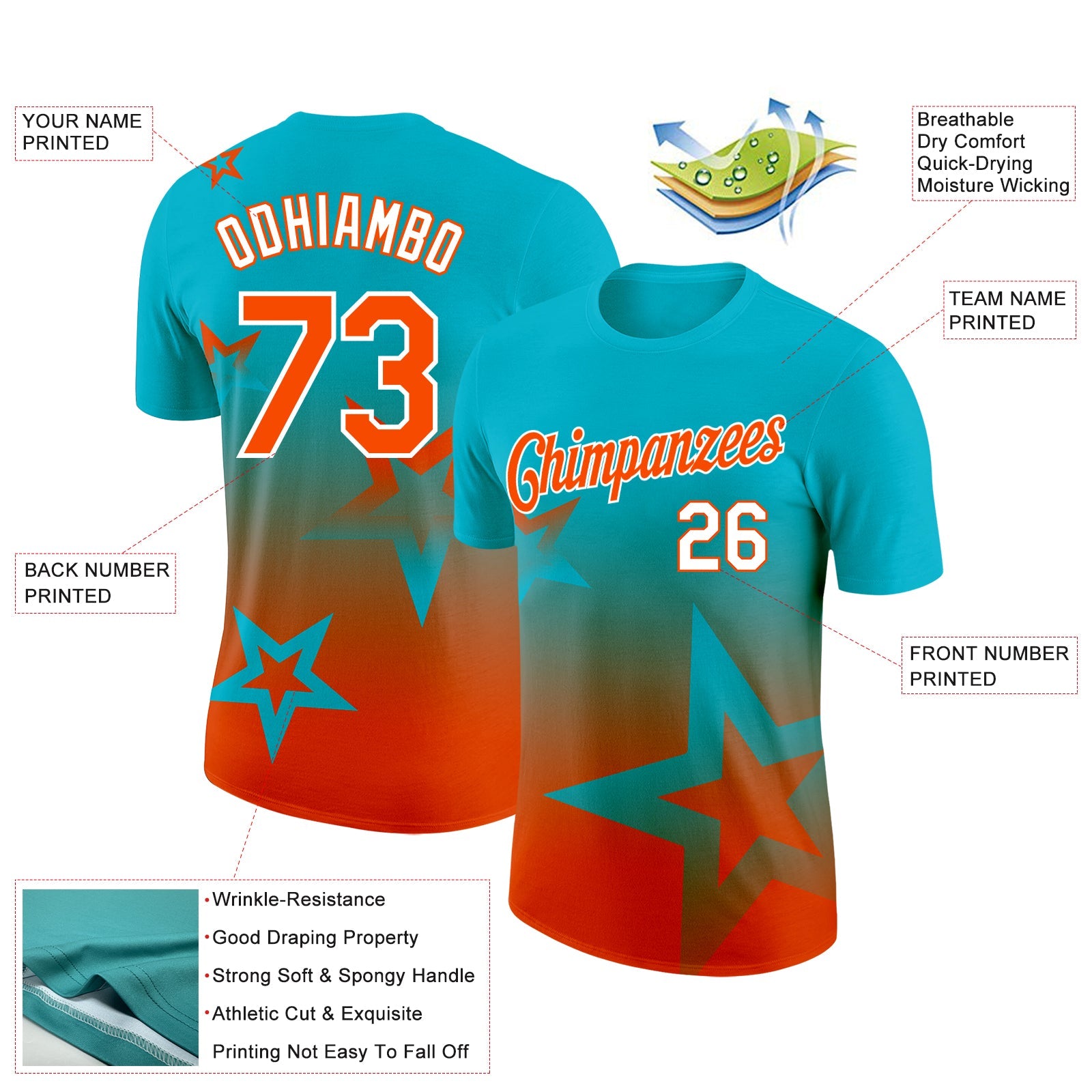 Custom Lakes Blue Orange-White 3D Pattern Design Gradient Style Twinkle Star Performance T-Shirt view 2