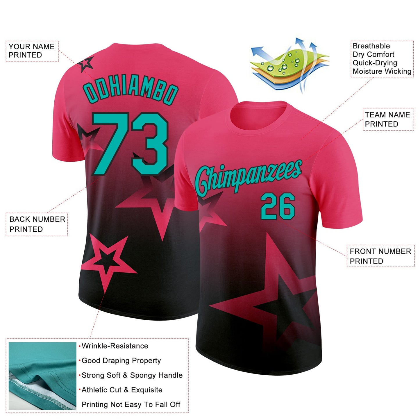 Custom Neon Pink Aqua-Black 3D Pattern Design Gradient Style Twinkle Star Performance T-Shirt view 2