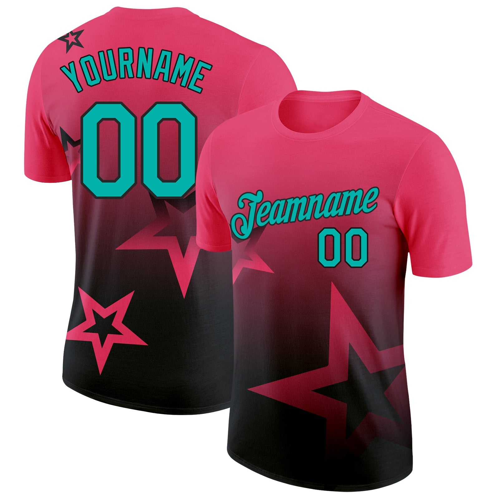 Custom Neon Pink Aqua-Black 3D Pattern Design Gradient Style Twinkle Star Performance T-Shirt - Main View