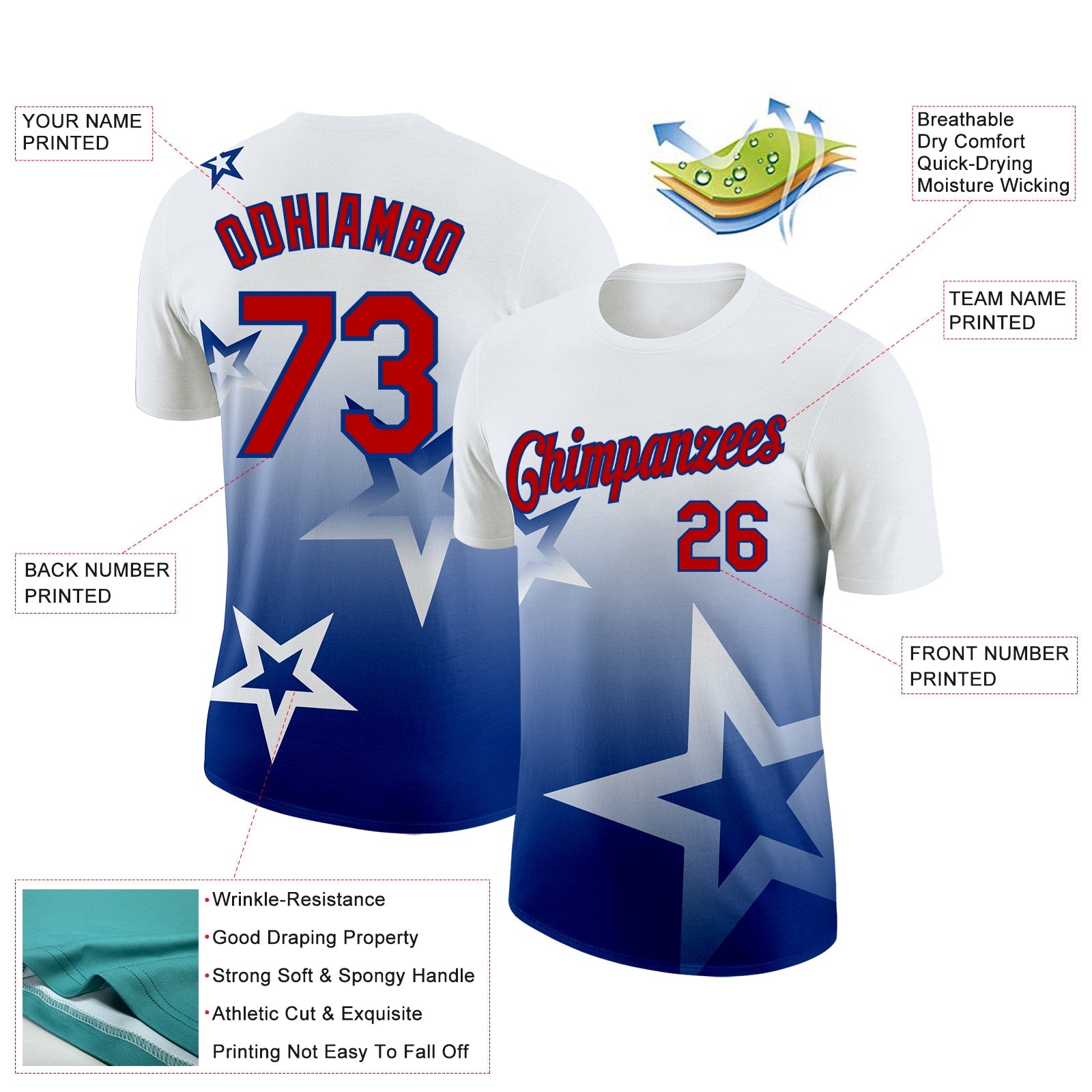 Custom White Red-Royal 3D Pattern Design Gradient Style Twinkle Star Performance T-Shirt view 2