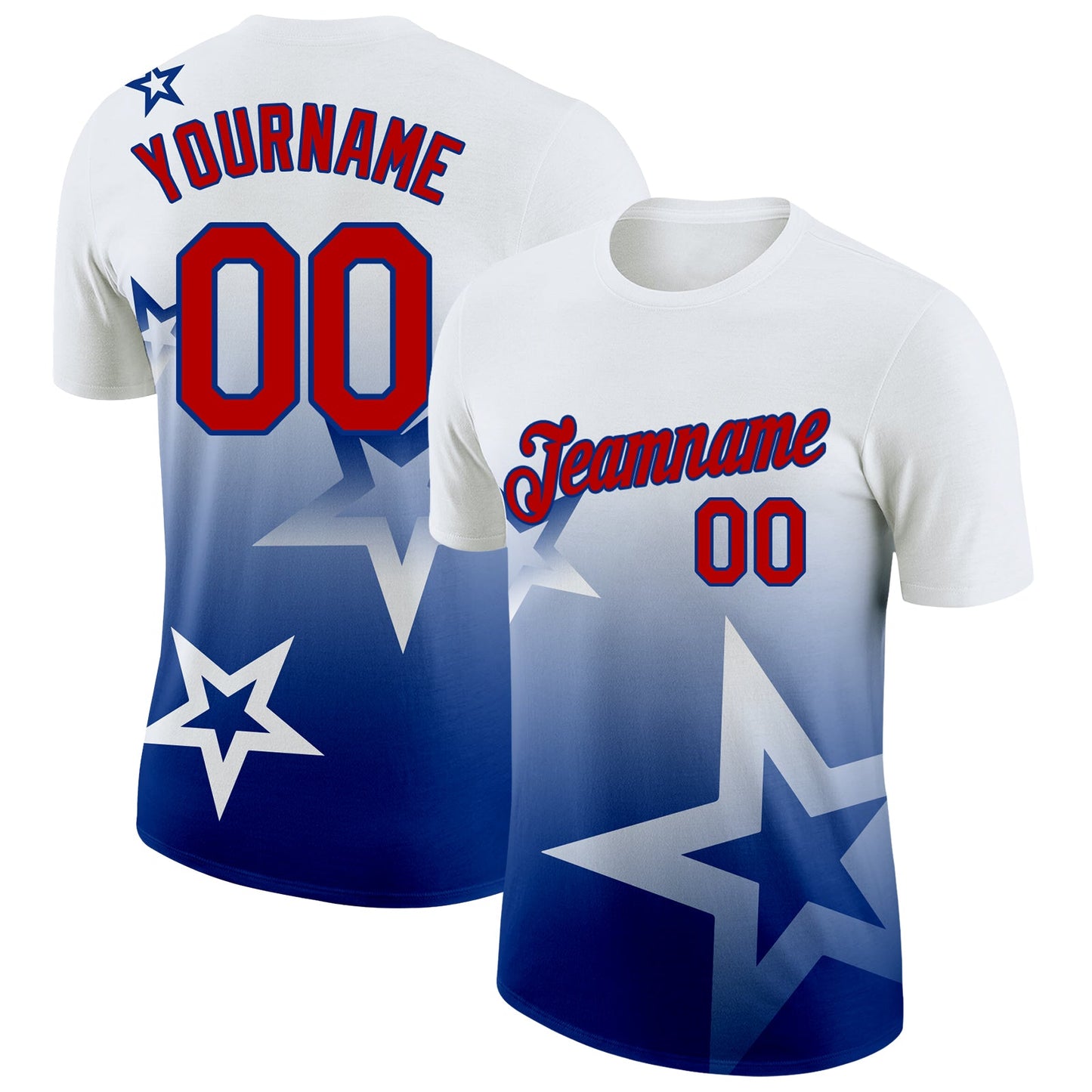 Custom White Red-Royal 3D Pattern Design Gradient Style Twinkle Star Performance T-Shirt - Main View