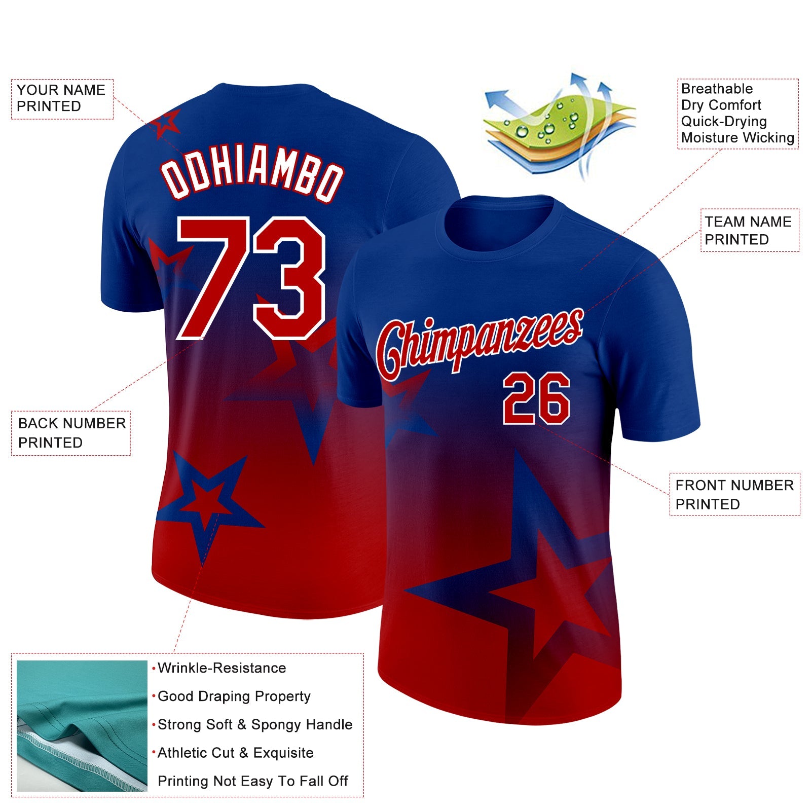 Custom Royal Red-White 3D Pattern Design Gradient Style Twinkle Star Performance T-Shirt view 2
