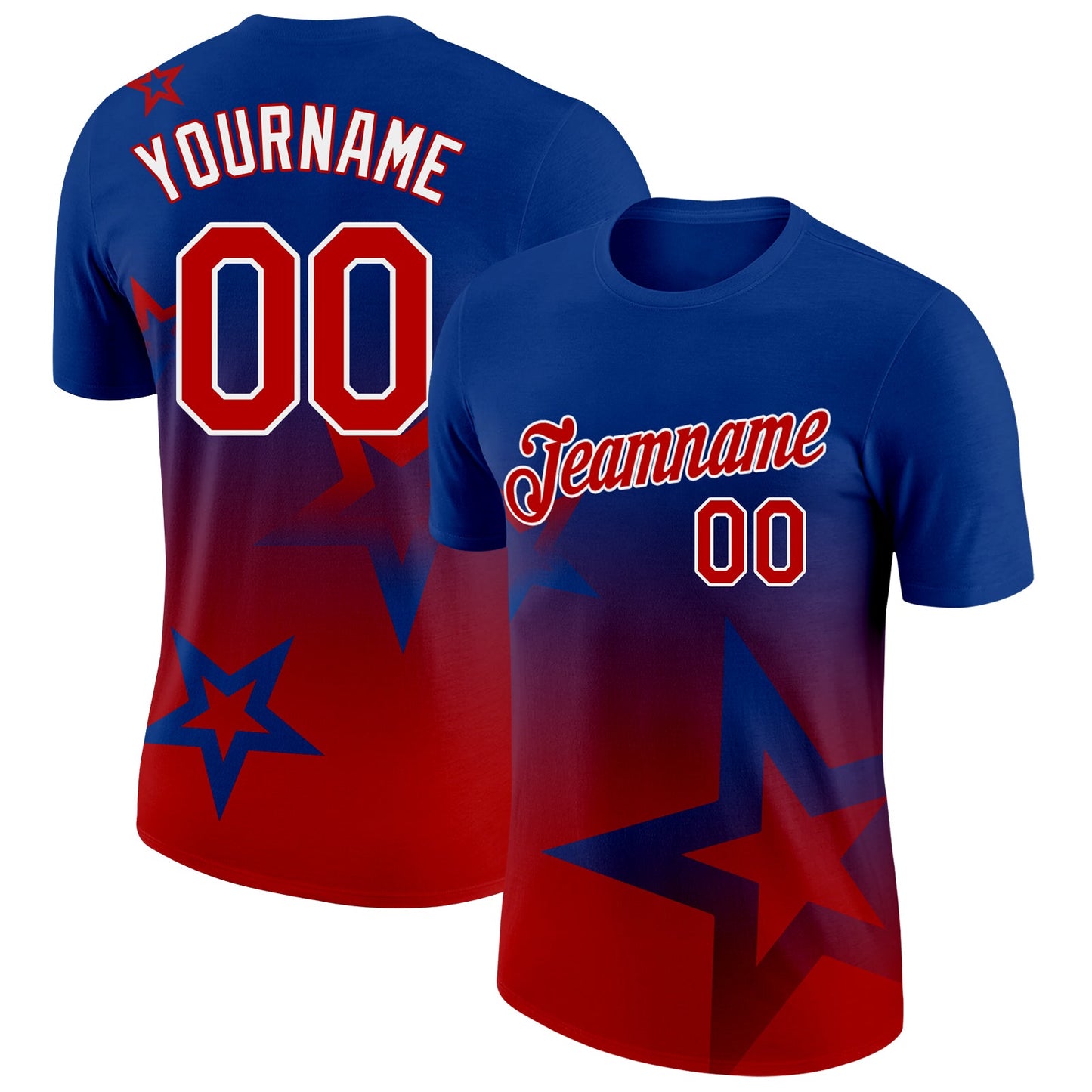 Custom Royal Red-White 3D Pattern Design Gradient Style Twinkle Star Performance T-Shirt - Main View