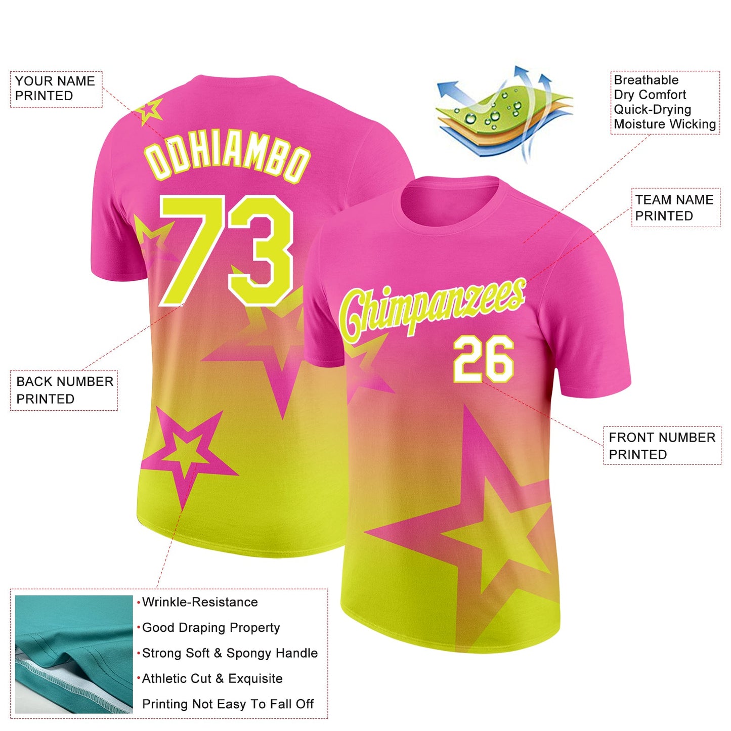 Custom Pink Neon Yellow-White 3D Pattern Design Gradient Style Twinkle Star Performance T-Shirt view 2