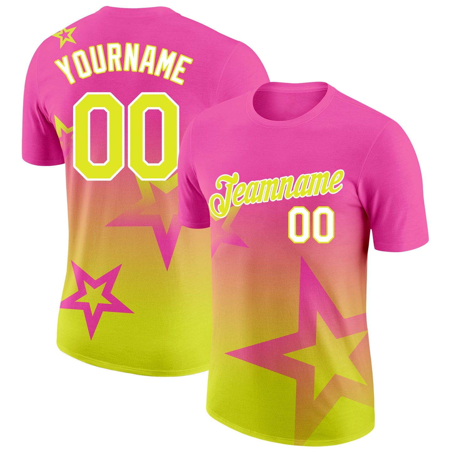 Custom Pink Neon Yellow-White 3D Pattern Design Gradient Style Twinkle Star Performance T-Shirt - Main View