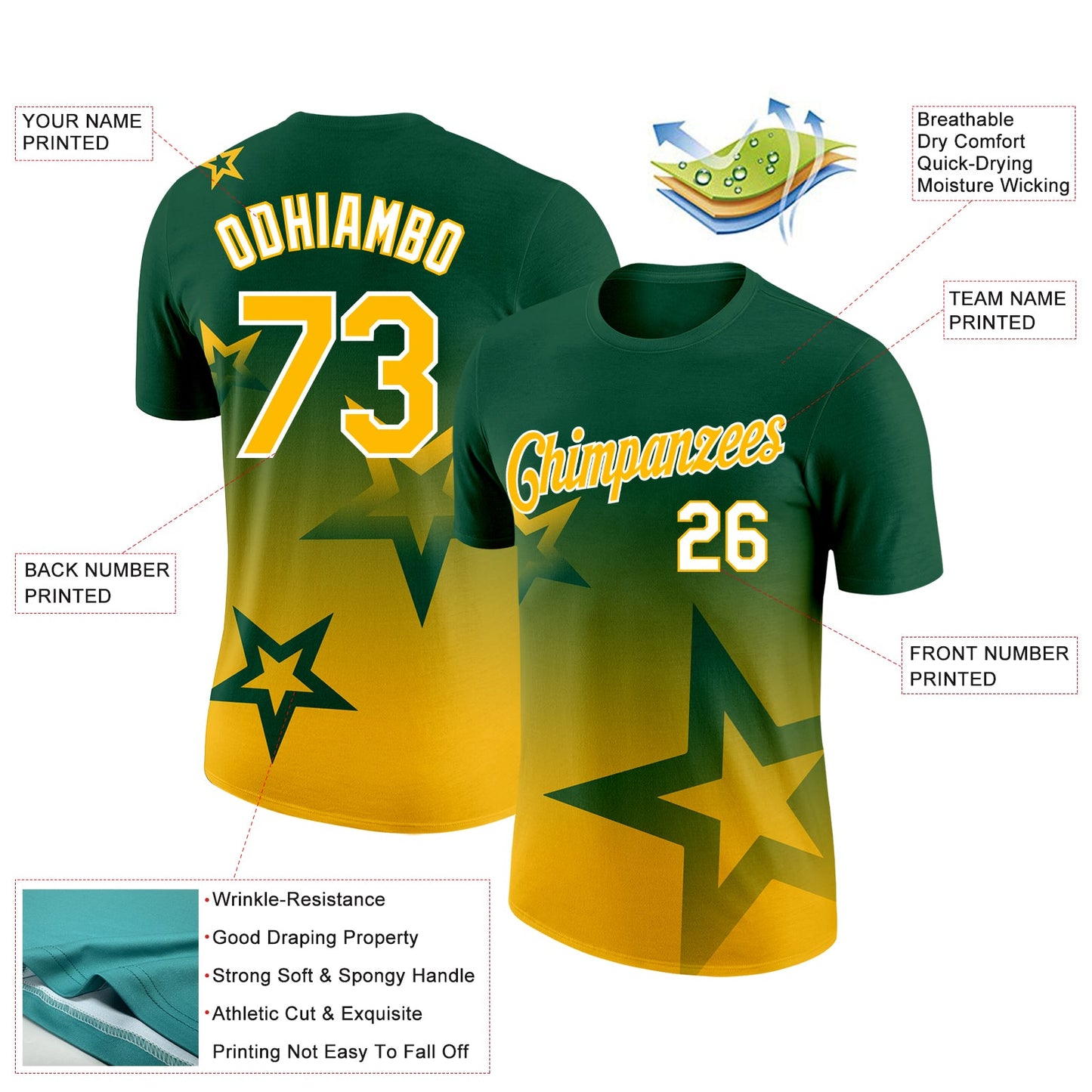 Custom Green Gold-White 3D Pattern Design Gradient Style Twinkle Star Performance T-Shirt view 2
