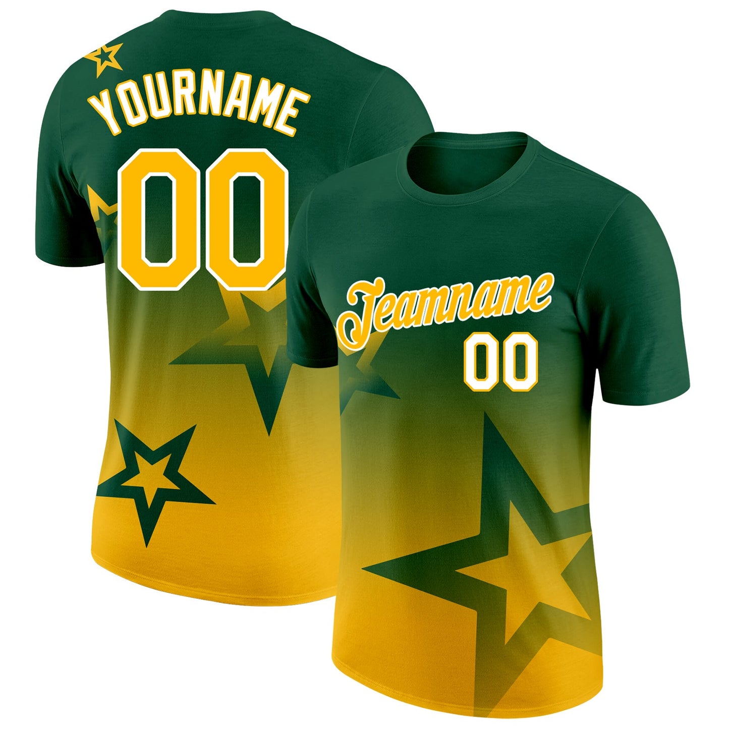 Custom Green Gold-White 3D Pattern Design Gradient Style Twinkle Star Performance T-Shirt - Main View