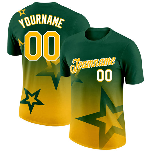 Custom Green Gold-White 3D Pattern Design Gradient Style Twinkle Star Performance T-Shirt - Main View