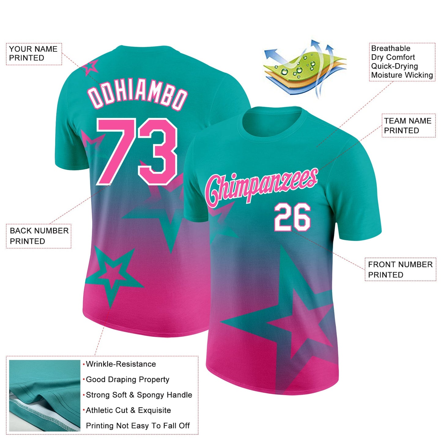 Custom Aqua Pink-White 3D Pattern Design Gradient Style Twinkle Star Performance T-Shirt view 2