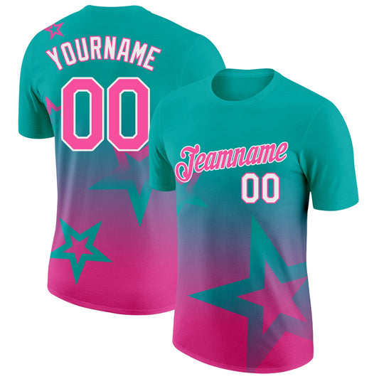 Custom Aqua Pink-White 3D Pattern Design Gradient Style Twinkle Star Performance T-Shirt - Main View