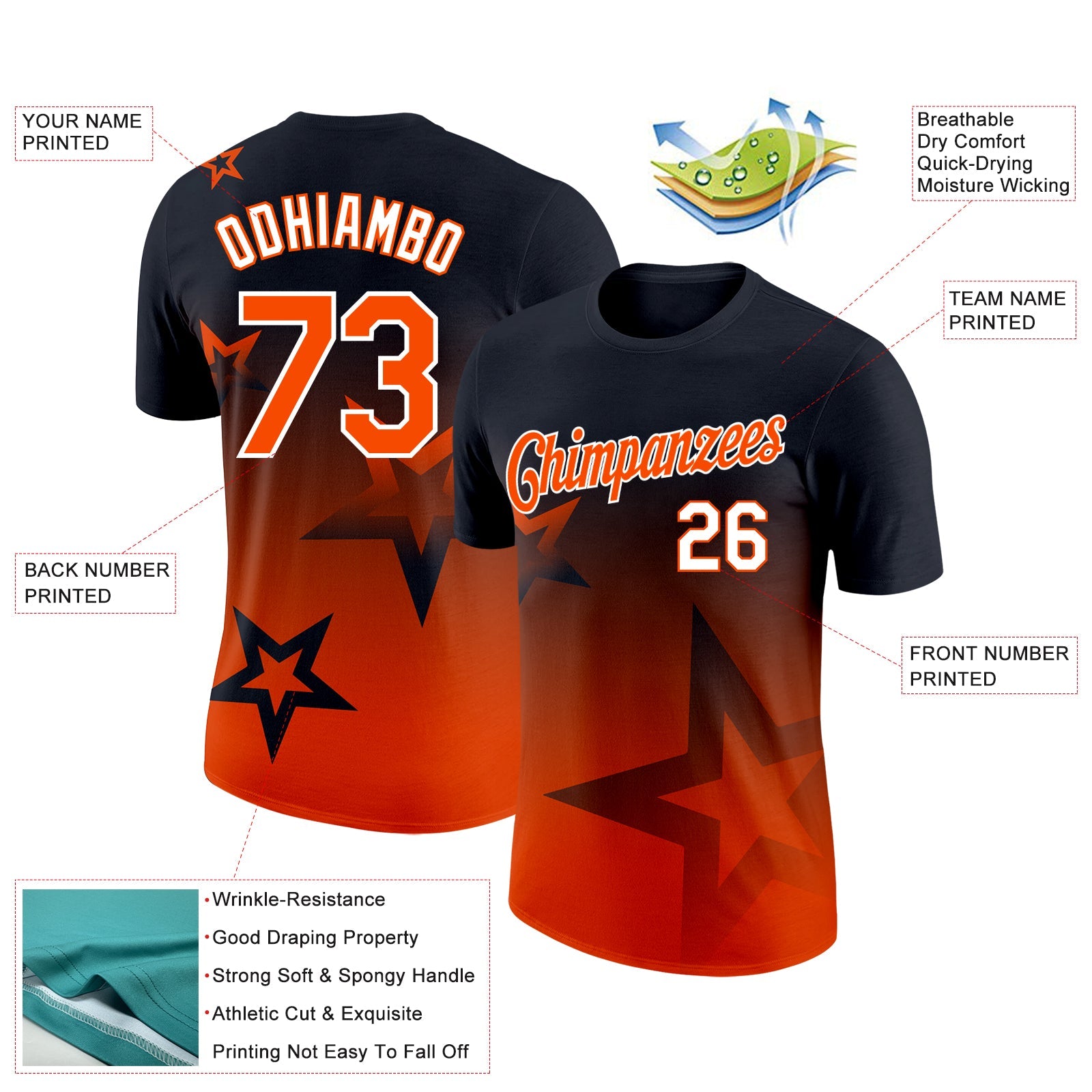 Custom Black Orange-White 3D Pattern Design Gradient Style Twinkle Star Performance T-Shirt view 2