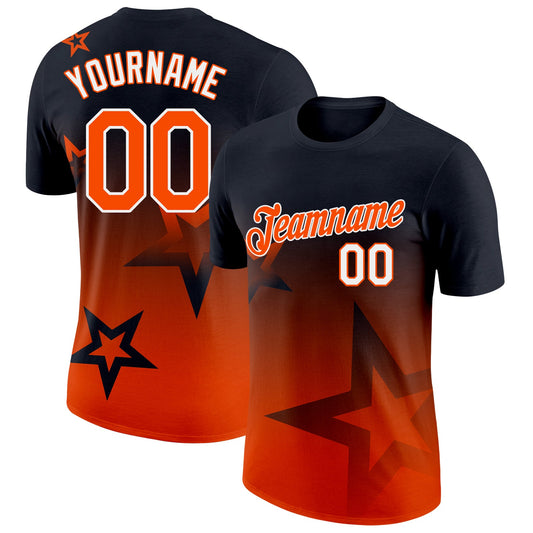Custom Black Orange-White 3D Pattern Design Gradient Style Twinkle Star Performance T-Shirt - Main View