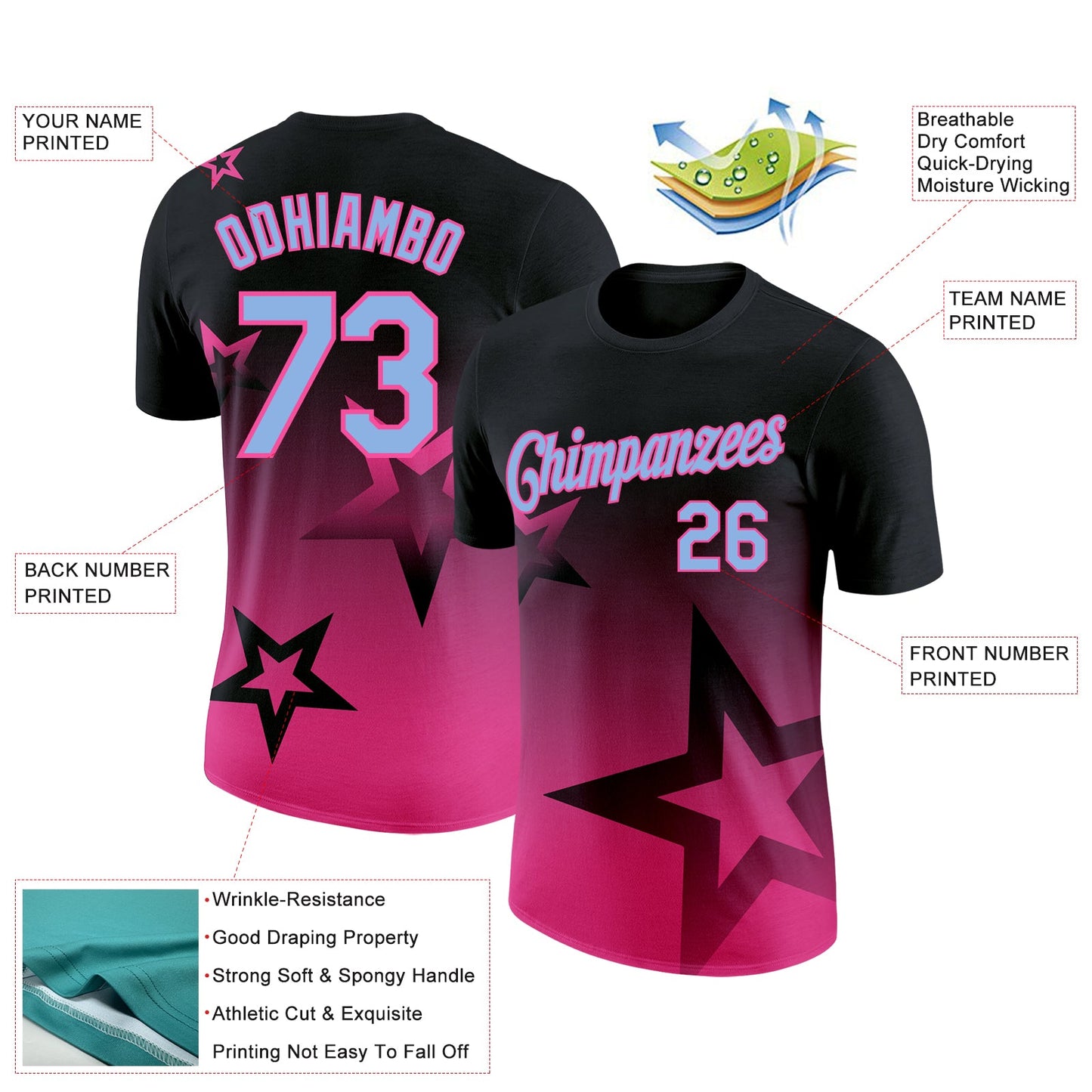 Custom Black Light Blue-Pink 3D Pattern Design Gradient Style Twinkle Star Performance T-Shirt view 2