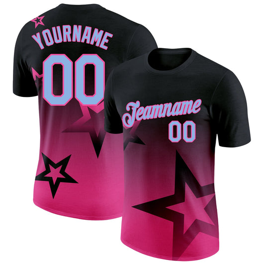 Custom Black Light Blue-Pink 3D Pattern Design Gradient Style Twinkle Star Performance T-Shirt - Main View