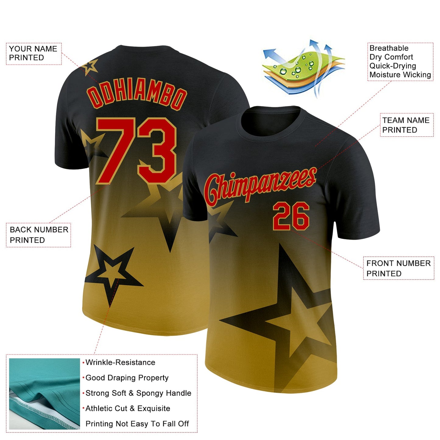 Custom Black Red-Old Gold 3D Pattern Design Gradient Style Twinkle Star Performance T-Shirt view 2