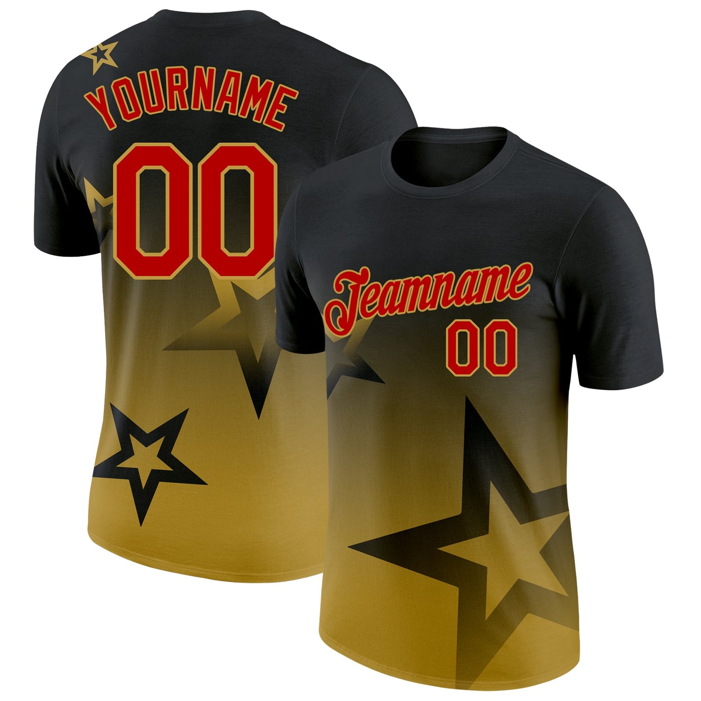 Custom Black Red-Old Gold 3D Pattern Design Gradient Style Twinkle Star Performance T-Shirt - Main View