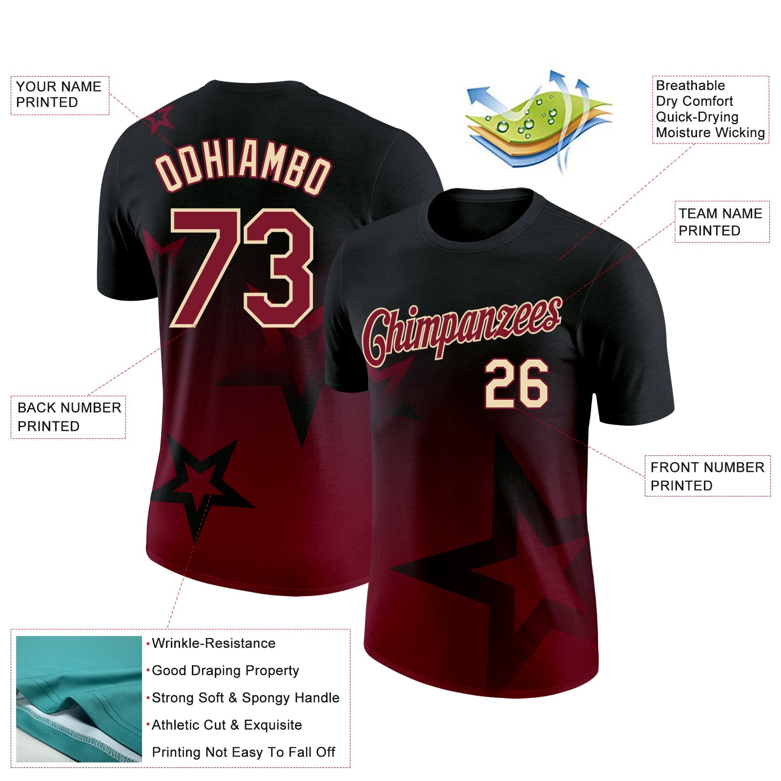 Custom Black Crimson-Cream 3D Pattern Design Gradient Style Twinkle Star Performance T-Shirt view 2