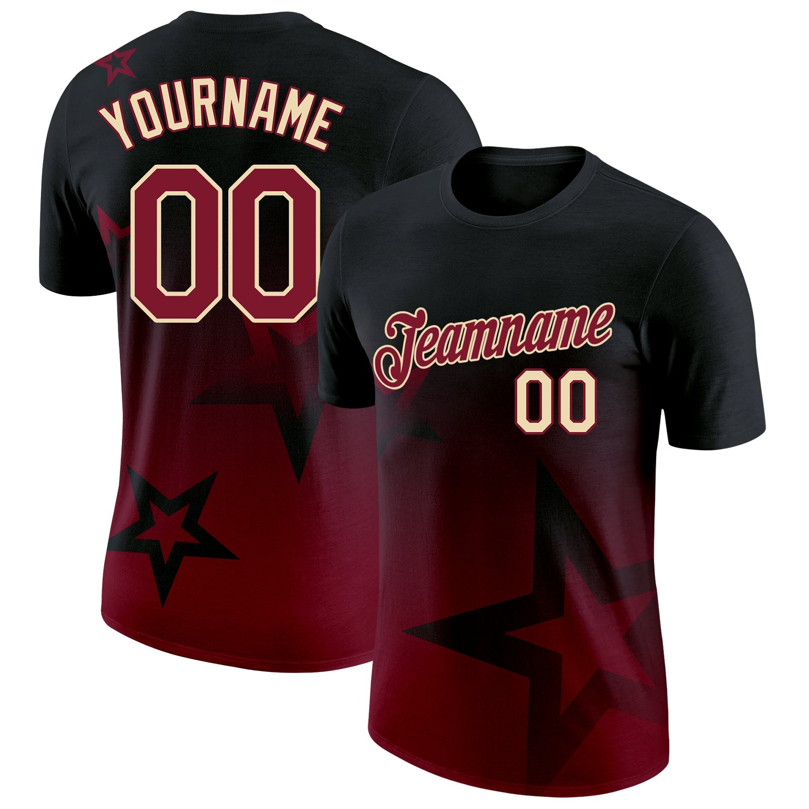 Custom Black Crimson-Cream 3D Pattern Design Gradient Style Twinkle Star Performance T-Shirt - Main View