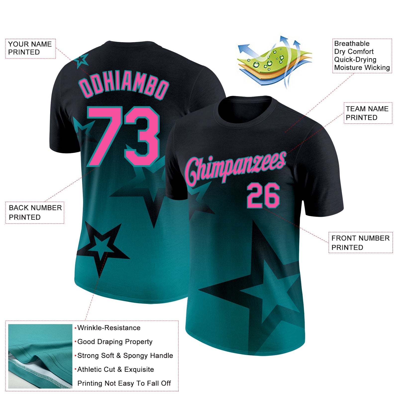 Custom Black Pink-Teal 3D Pattern Design Gradient Style Twinkle Star Performance T-Shirt view 2