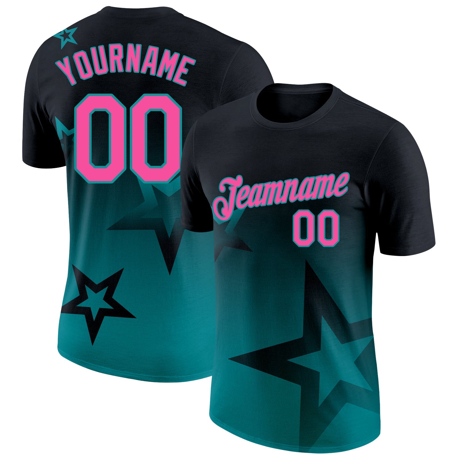 Custom Black Pink-Teal 3D Pattern Design Gradient Style Twinkle Star Performance T-Shirt - Main View