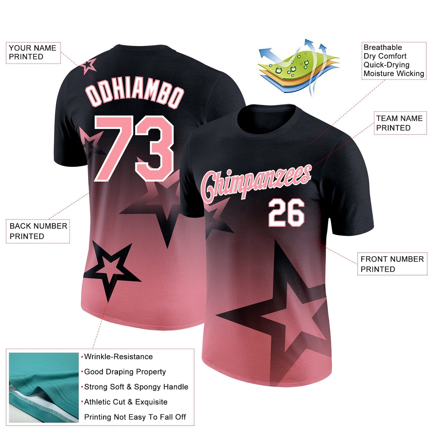 Custom Black Medium Pink-White 3D Pattern Design Gradient Style Twinkle Star Performance T-Shirt view 2