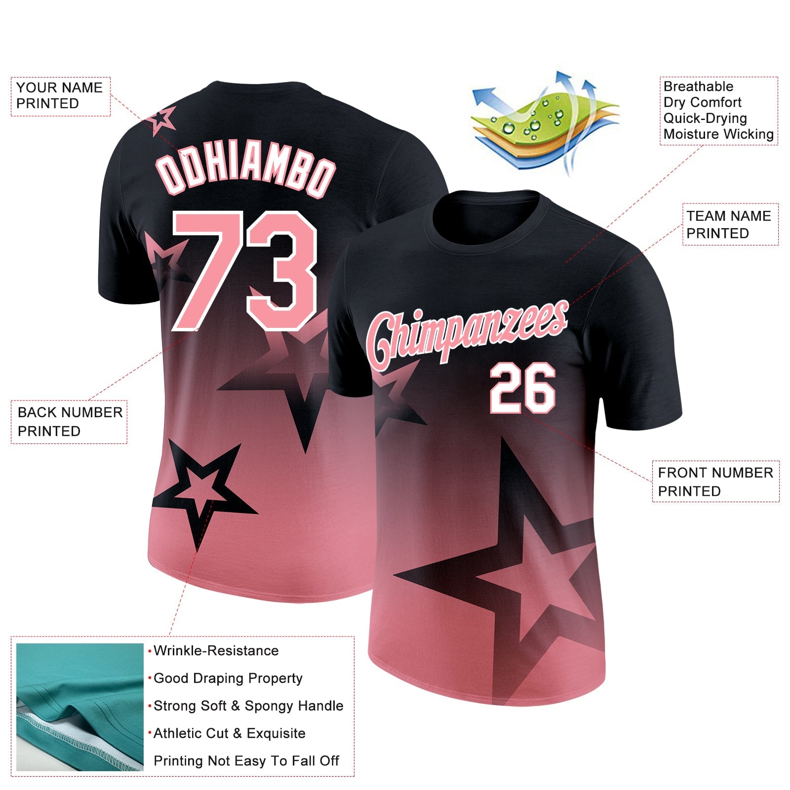 Custom Black Medium Pink-White 3D Pattern Design Gradient Style Twinkle Star Performance T-Shirt view 2