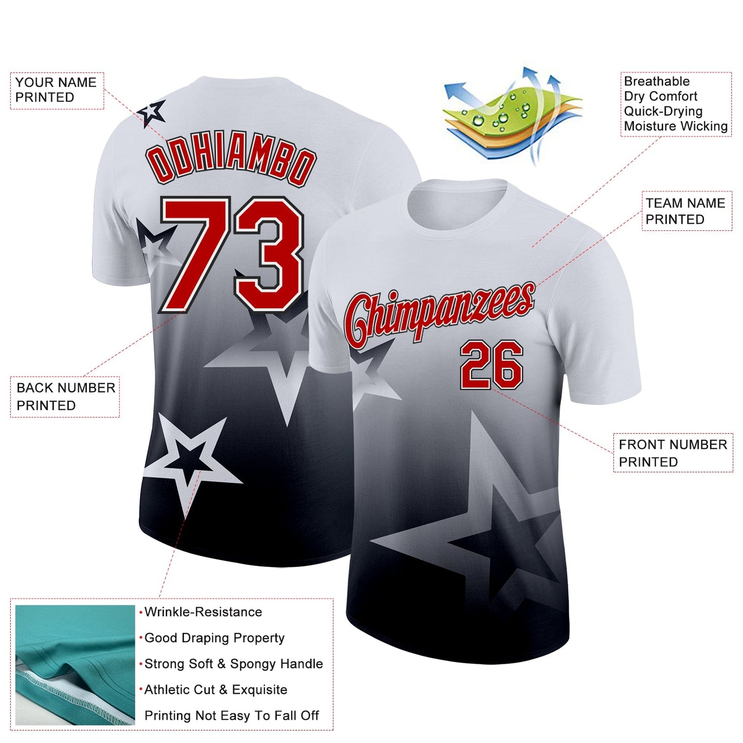 Custom White Red-Black 3D Pattern Design Gradient Style Twinkle Star Performance T-Shirt view 2