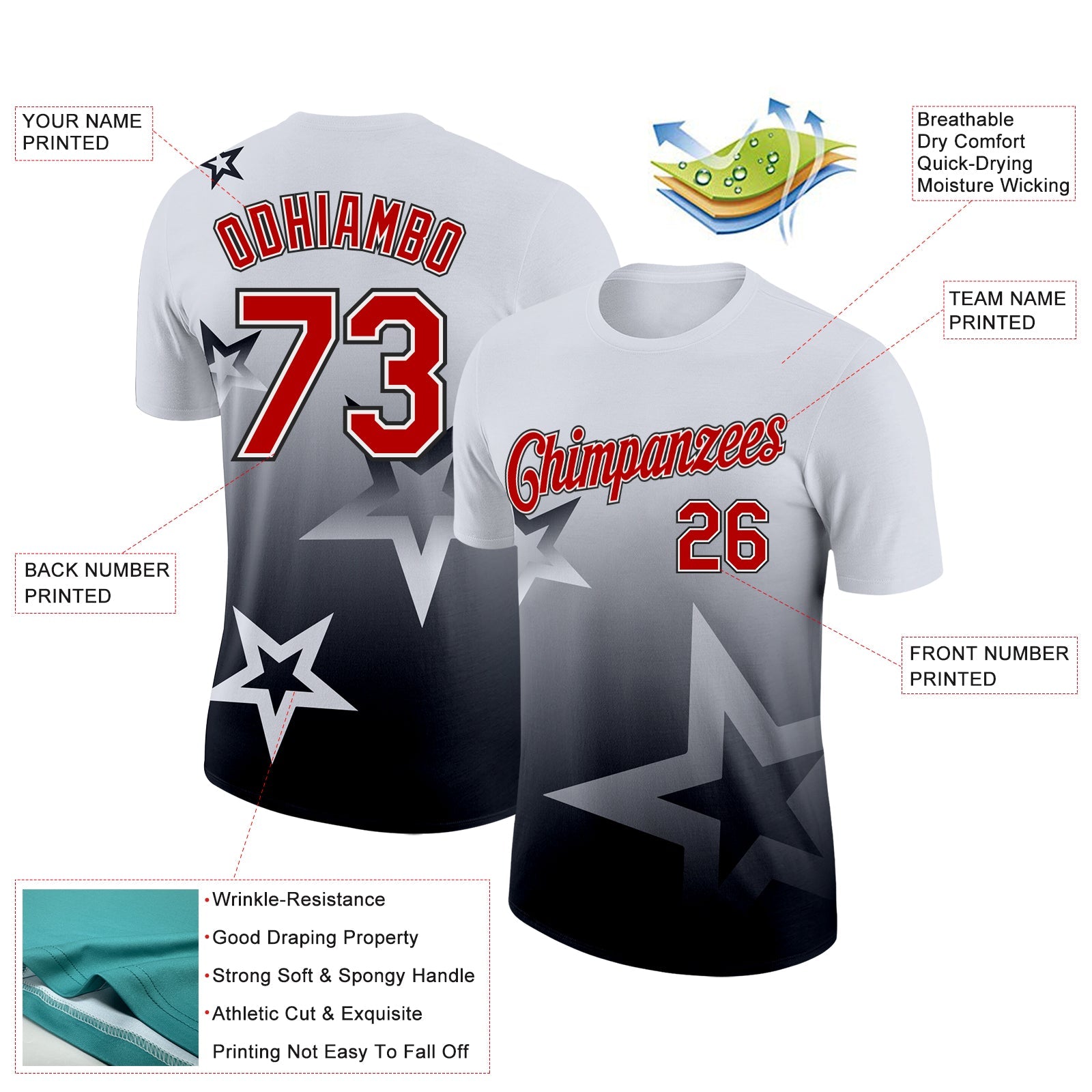 Custom White Red-Black 3D Pattern Design Gradient Style Twinkle Star Performance T-Shirt view 2