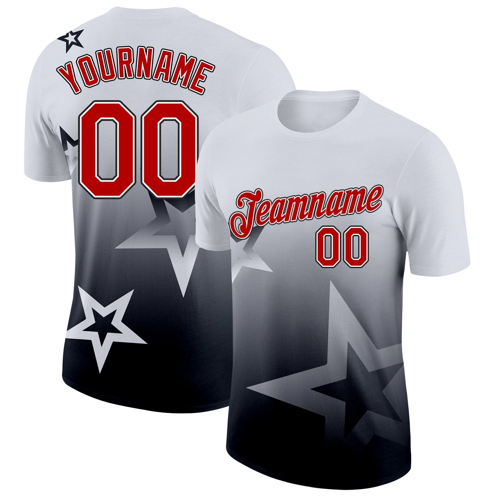 Custom White Red-Black 3D Pattern Design Gradient Style Twinkle Star Performance T-Shirt - Main View