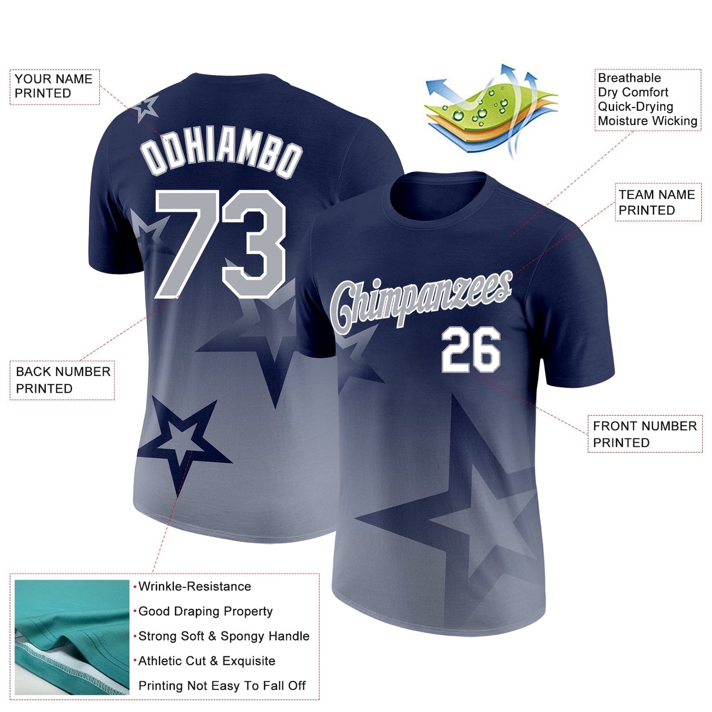 Custom Navy Gray-White 3D Pattern Design Gradient Style Twinkle Star Performance T-Shirt view 2