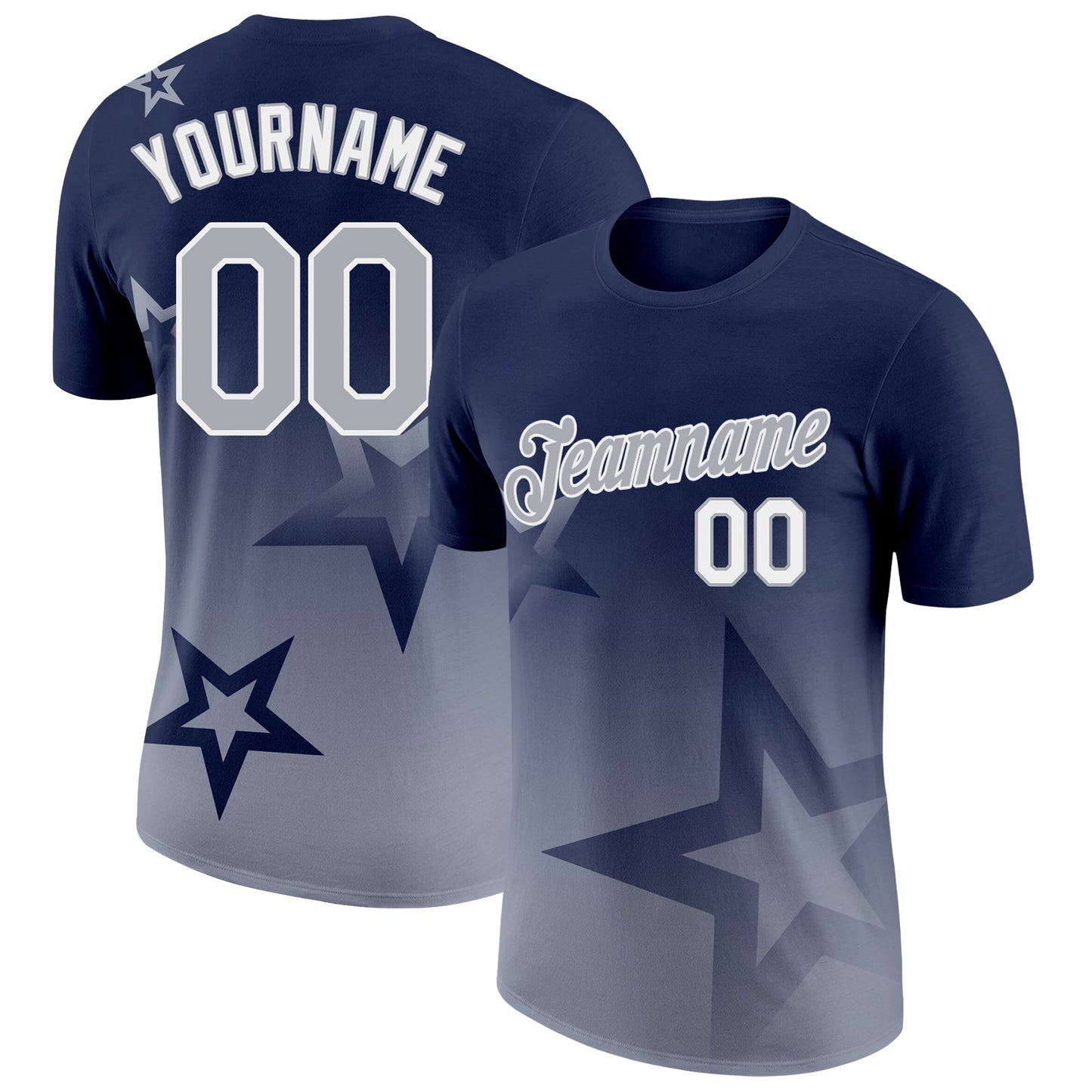 Custom Navy Gray-White 3D Pattern Design Gradient Style Twinkle Star Performance T-Shirt - Main View