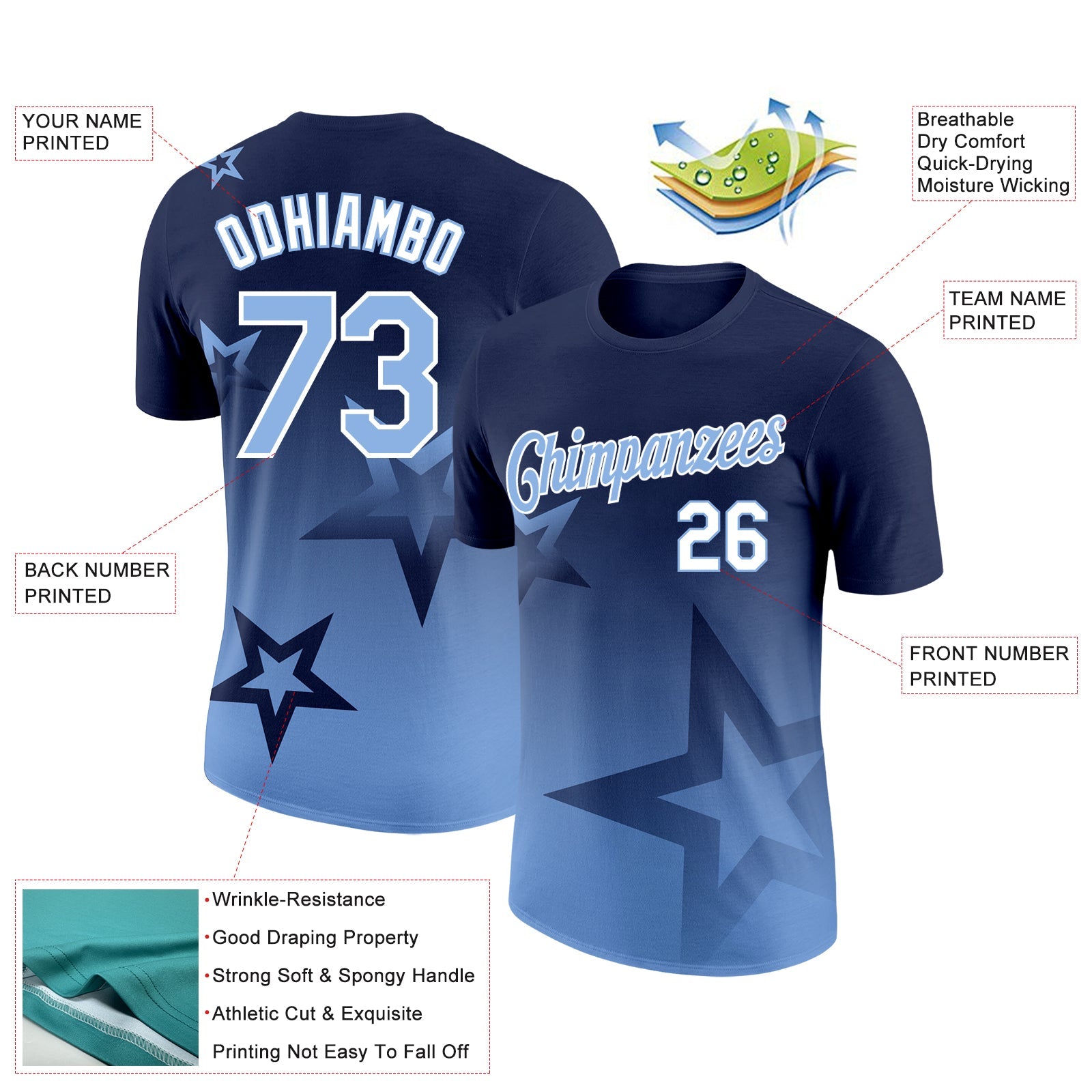 Custom Navy Light Blue-White 3D Pattern Design Gradient Style Twinkle Star Performance T-Shirt view 2