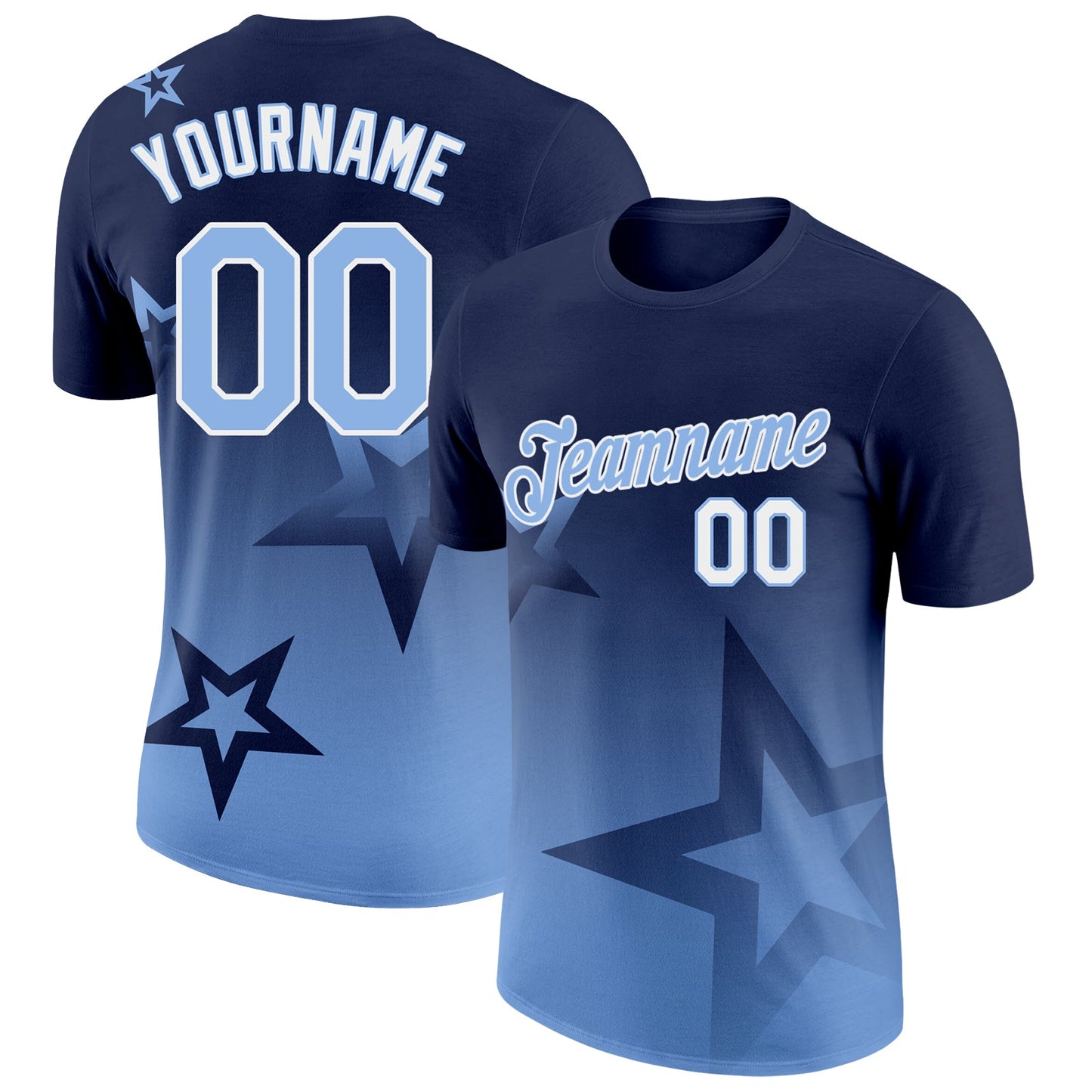 Custom Navy Light Blue-White 3D Pattern Design Gradient Style Twinkle Star Performance T-Shirt - Main View