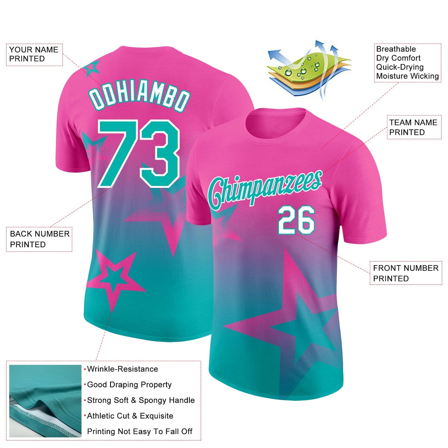 Custom Pink Aqua-White 3D Pattern Design Gradient Style Twinkle Star Performance T-Shirt view 2