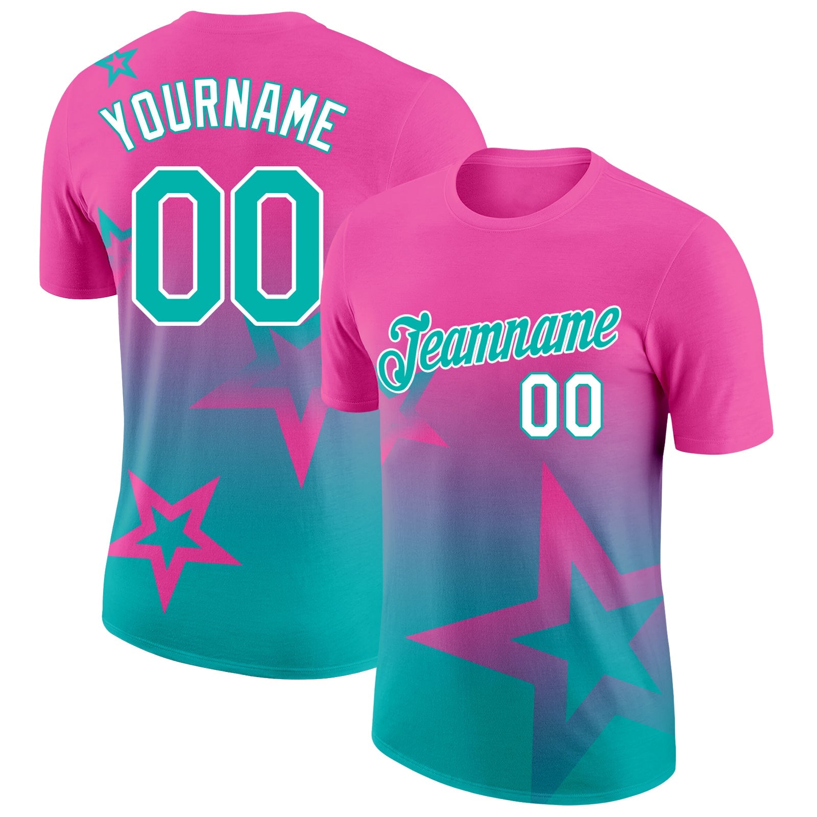 Custom Pink Aqua-White 3D Pattern Design Gradient Style Twinkle Star Performance T-Shirt - Main View