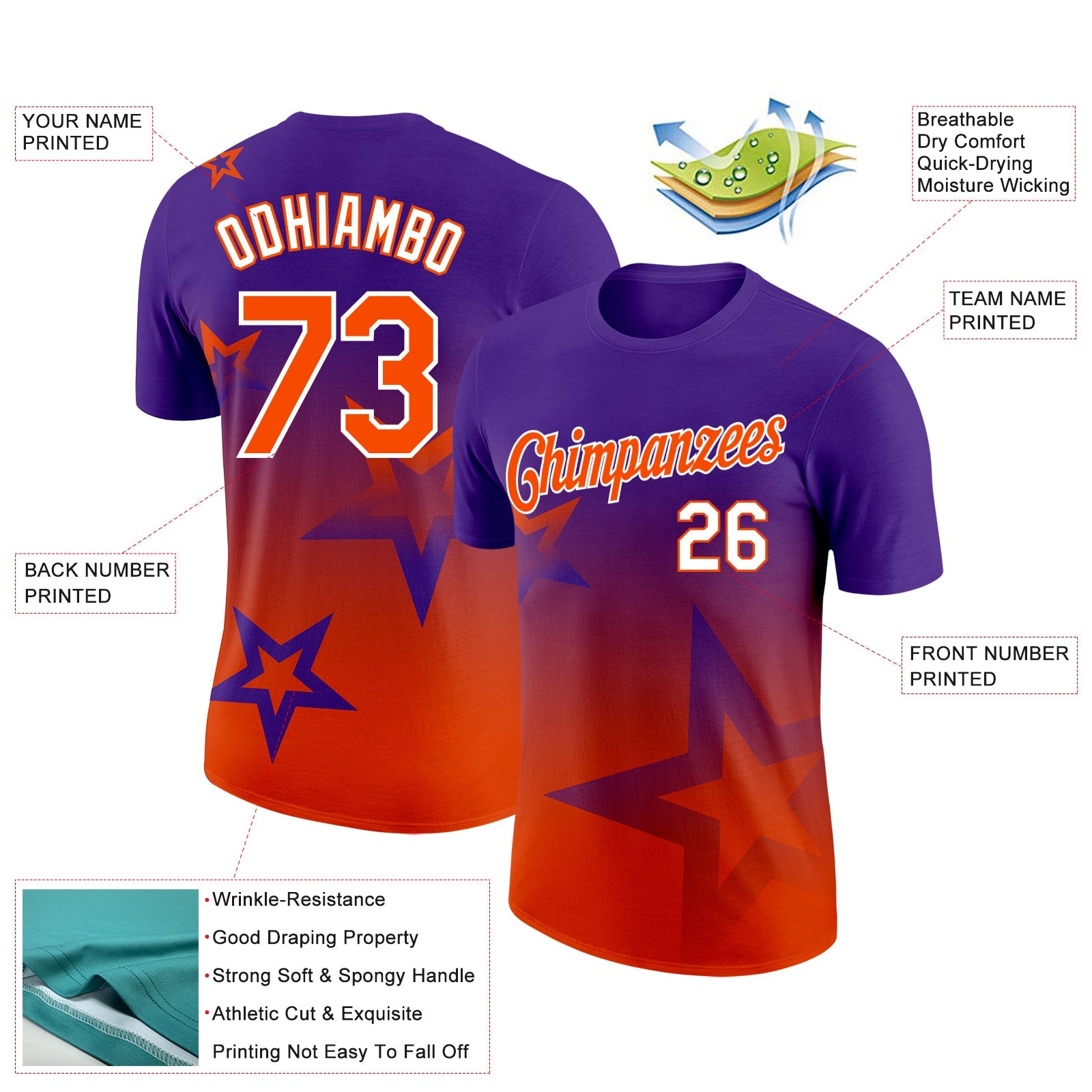 Custom Purple Orange-White 3D Pattern Design Gradient Style Twinkle Star Performance T-Shirt view 2