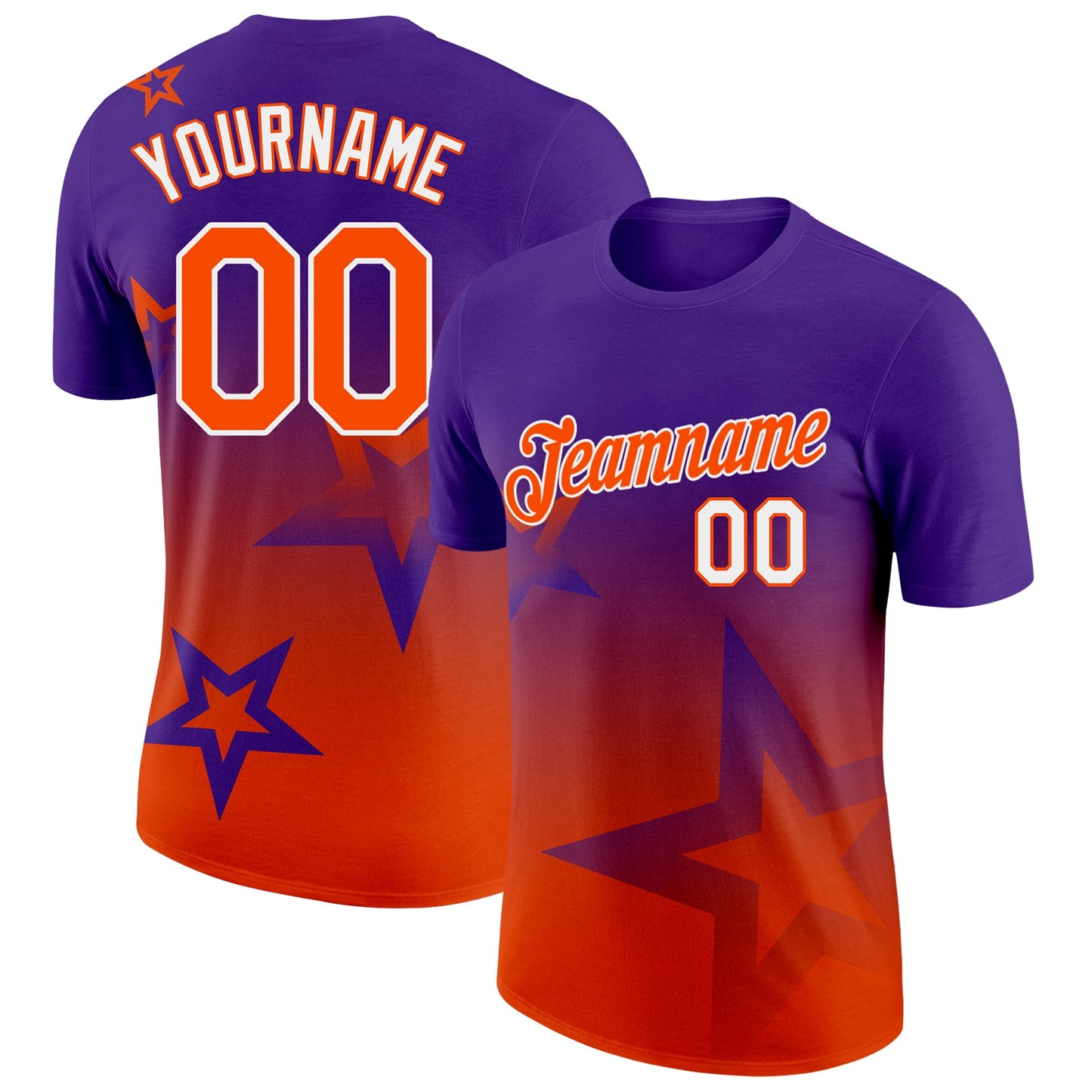 Custom Purple Orange-White 3D Pattern Design Gradient Style Twinkle Star Performance T-Shirt - Main View