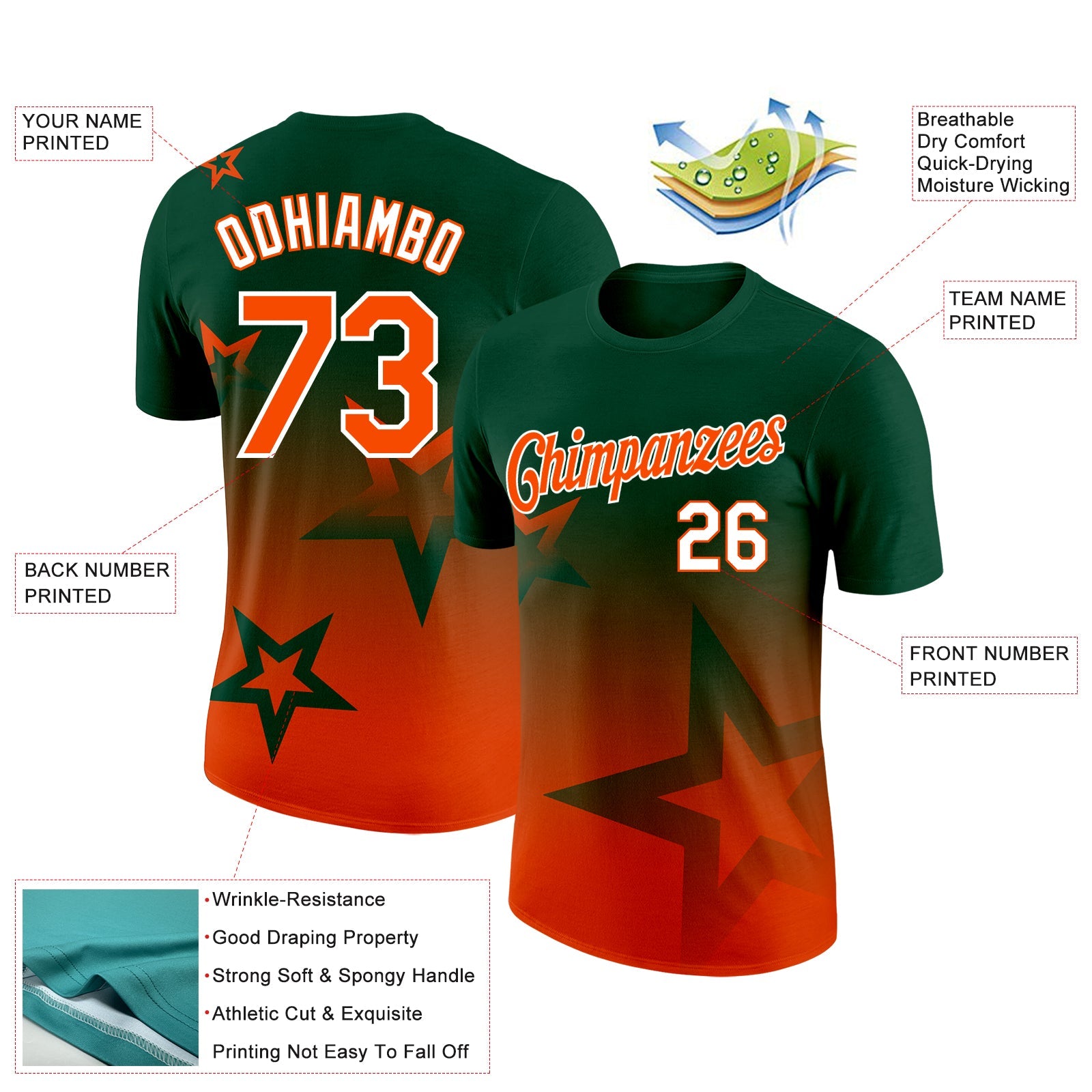 Custom Green Orange-White 3D Pattern Design Gradient Style Twinkle Star Performance T-Shirt view 2