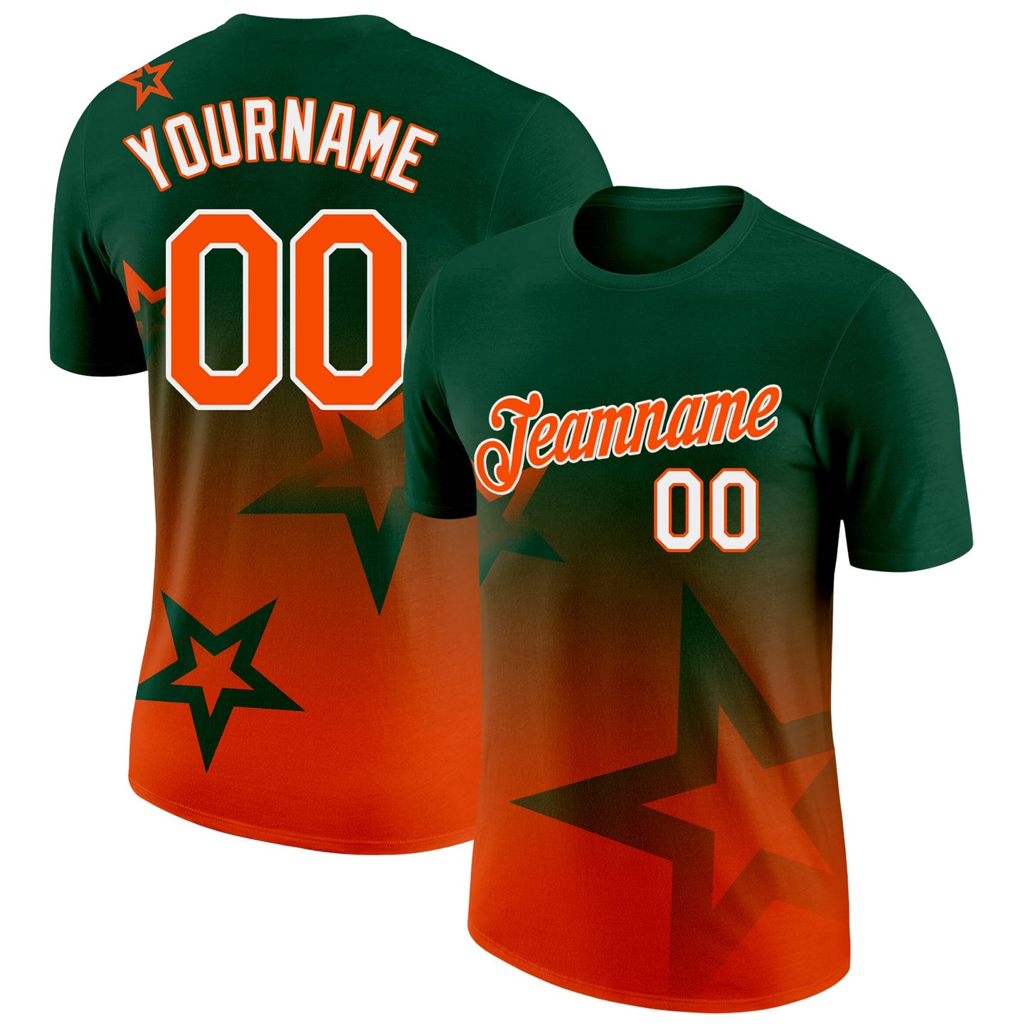 Custom Green Orange-White 3D Pattern Design Gradient Style Twinkle Star Performance T-Shirt - Main View