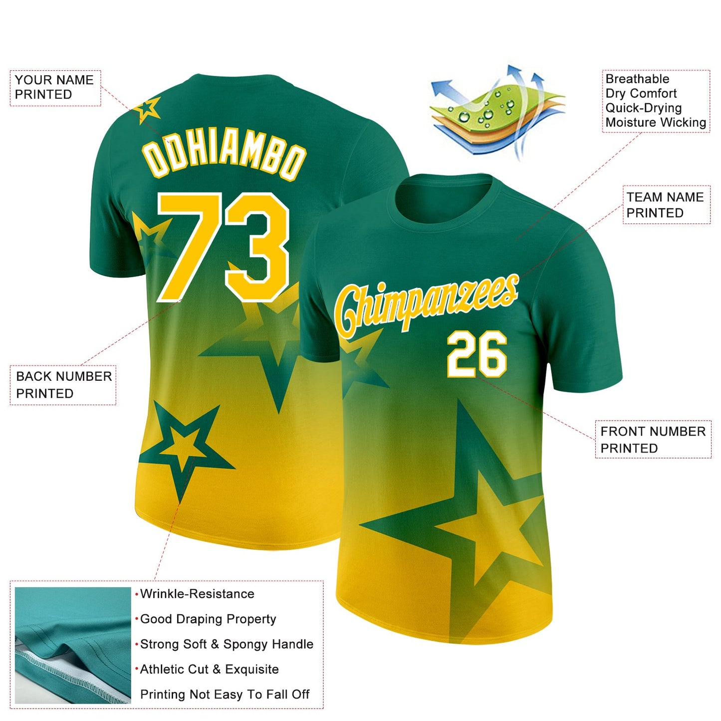 Custom Kelly Green Yellow-White 3D Pattern Design Gradient Style Twinkle Star Performance T-Shirt view 2