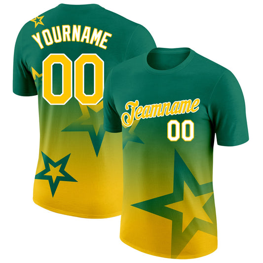 Custom Kelly Green Yellow-White 3D Pattern Design Gradient Style Twinkle Star Performance T-Shirt - Main View