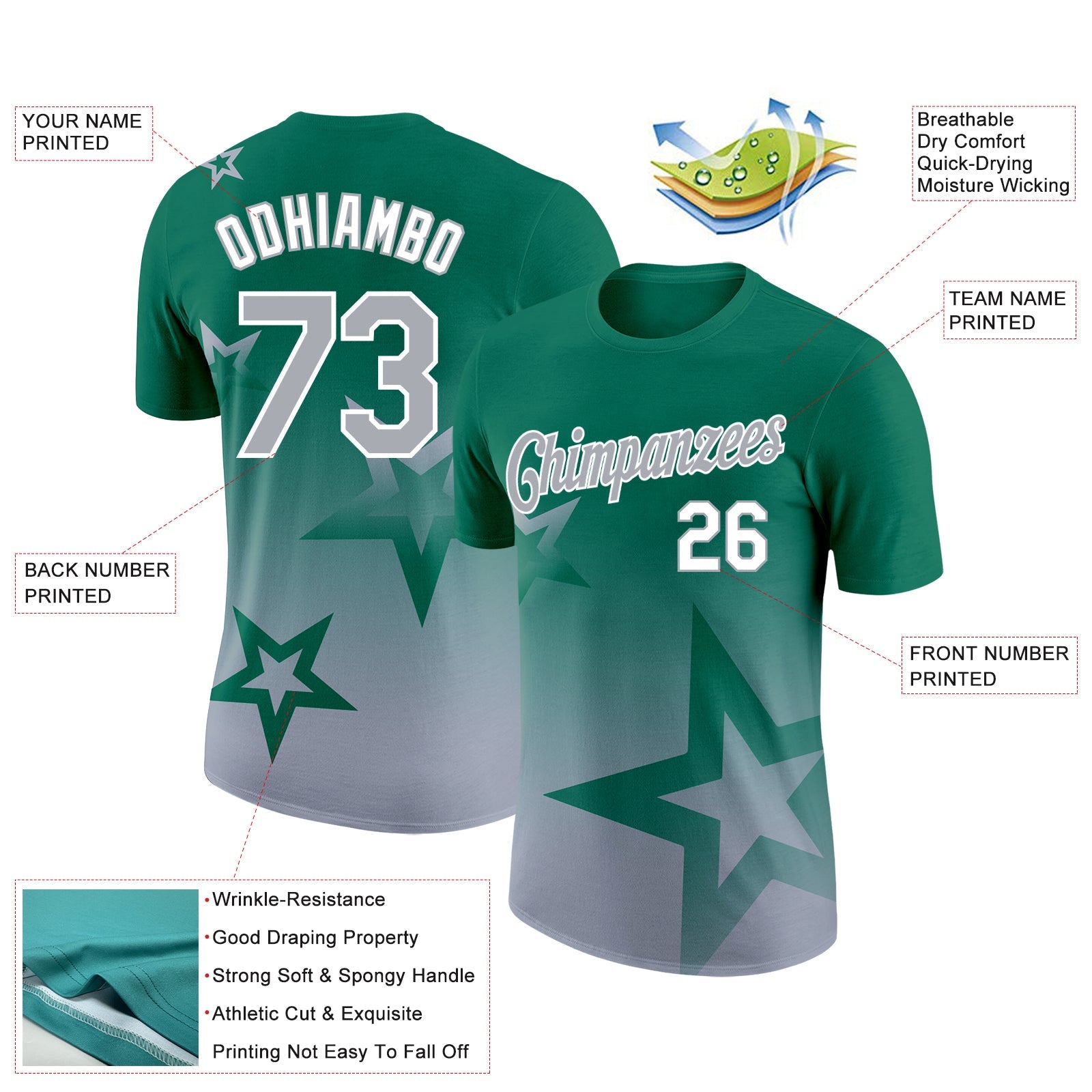 Custom Kelly Green Gray-White 3D Pattern Design Gradient Style Twinkle Star Performance T-Shirt view 2
