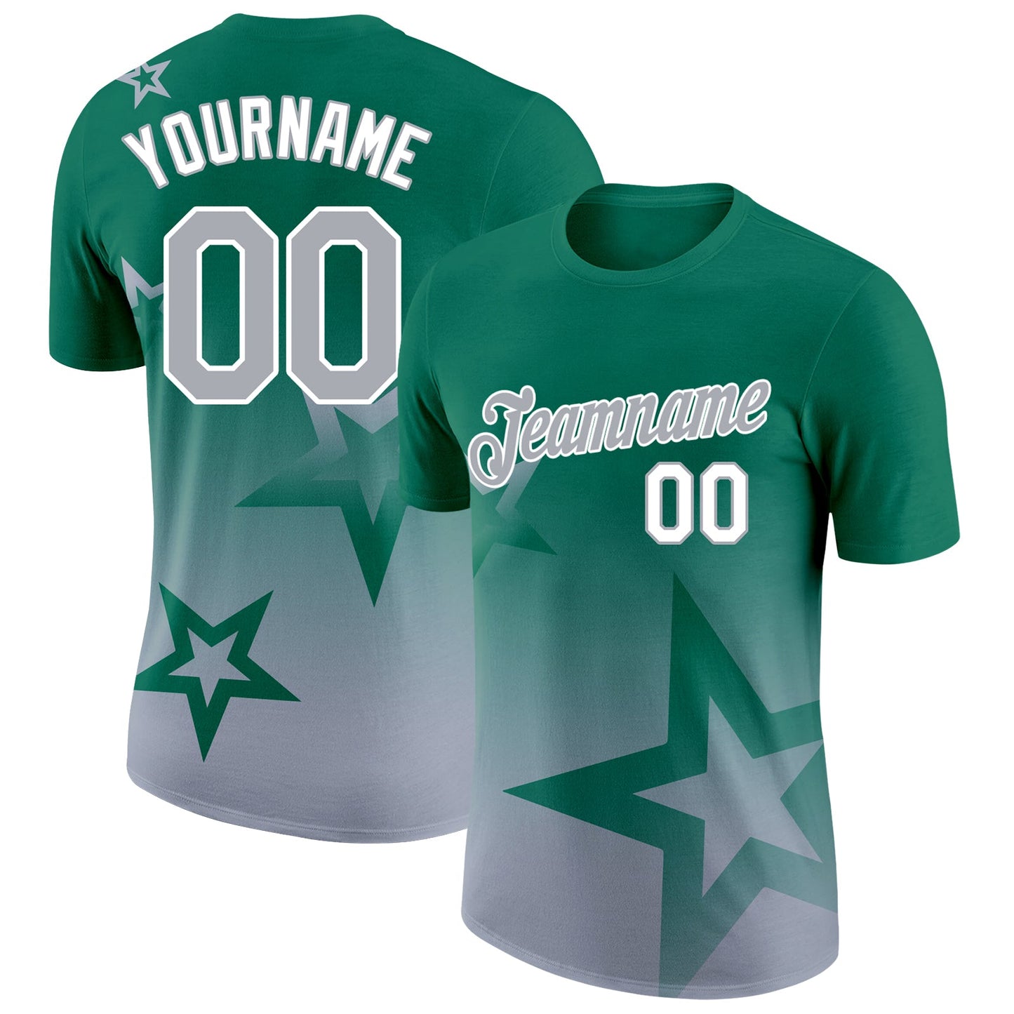 Custom Kelly Green Gray-White 3D Pattern Design Gradient Style Twinkle Star Performance T-Shirt - Main View
