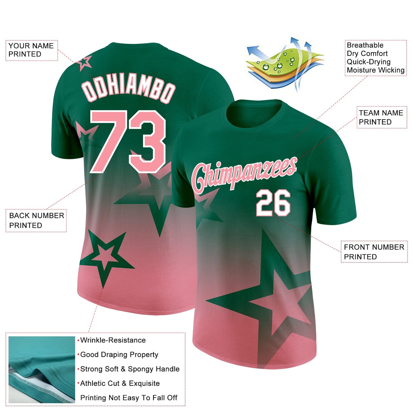 Custom Kelly Green Medium Pink-White 3D Pattern Design Gradient Style Twinkle Star Performance T-Shirt view 2